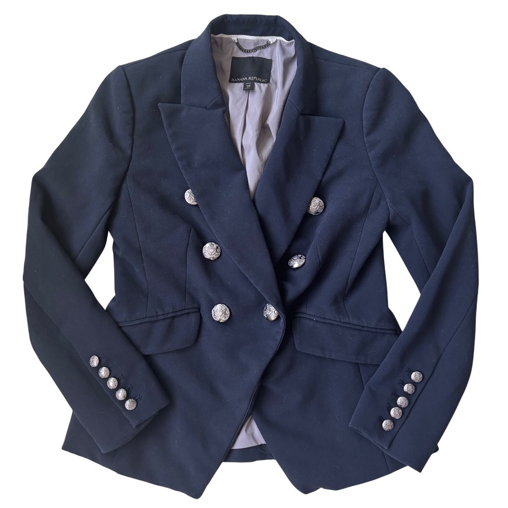 Banana Republic Navy Blue Double Breasted Captains Blazer Silver Crest Button 2P